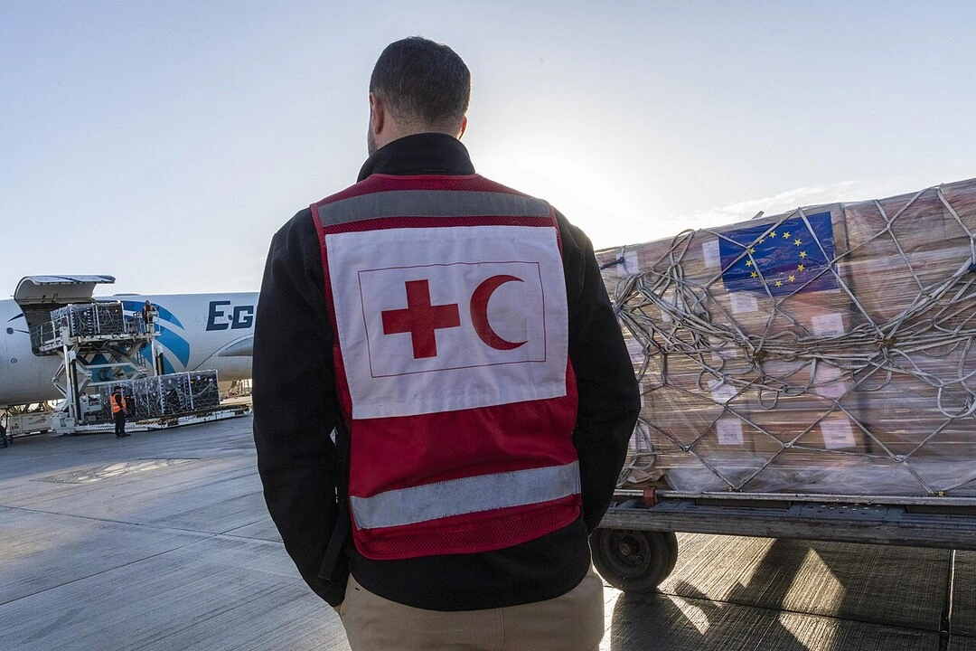 International Federation of Red Cross and Red Crescent Societies member with aid for Gaza