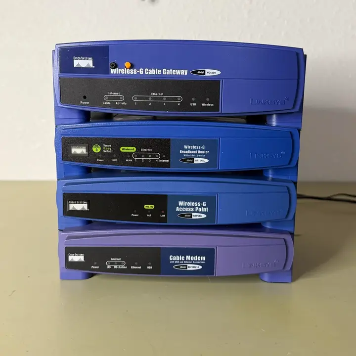 A retro home server made of old Linksys network device cases.
