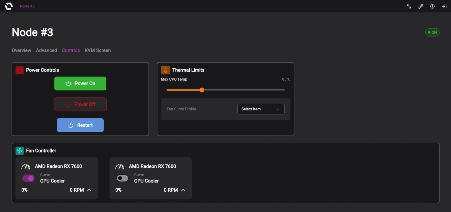 OpenSFF management interface Node page Controls