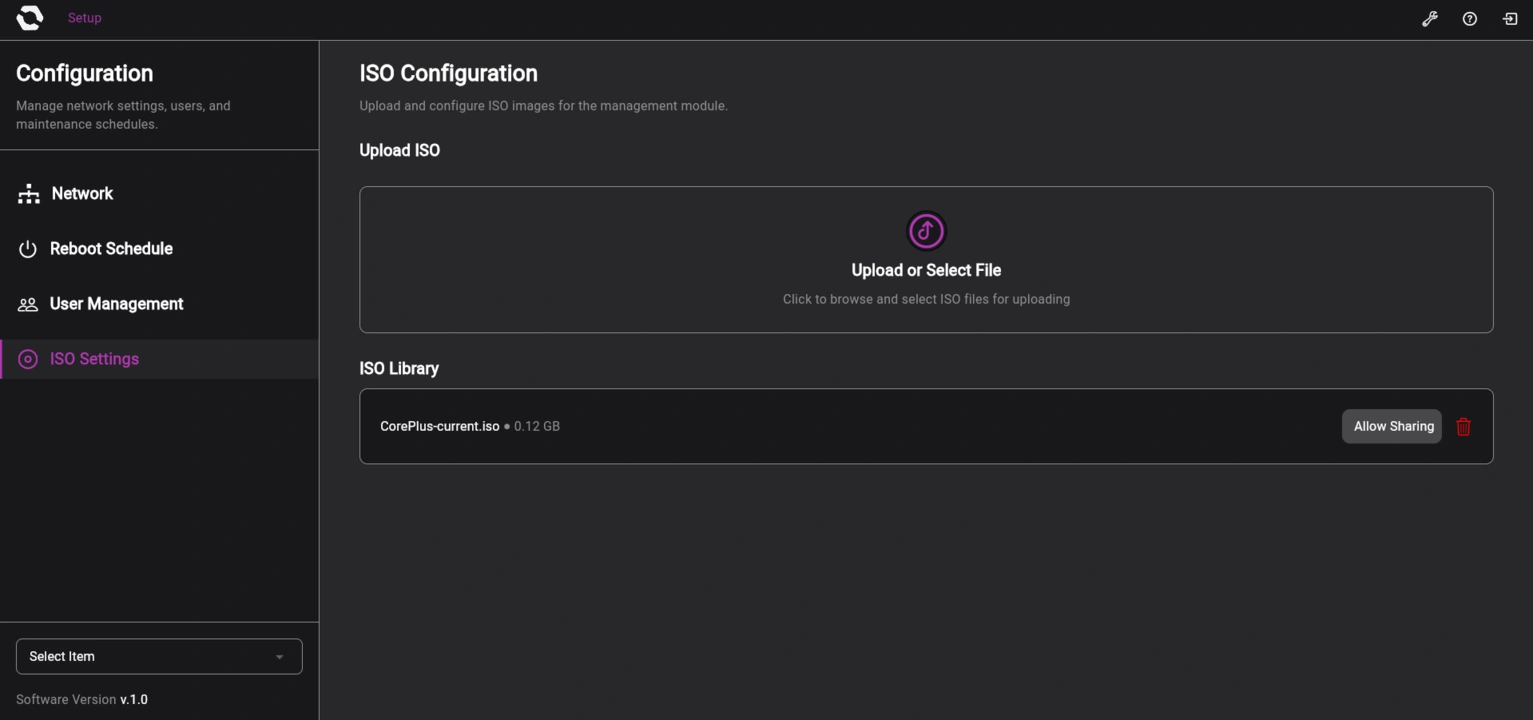 OpenSFF management interface platform admin ISO settings