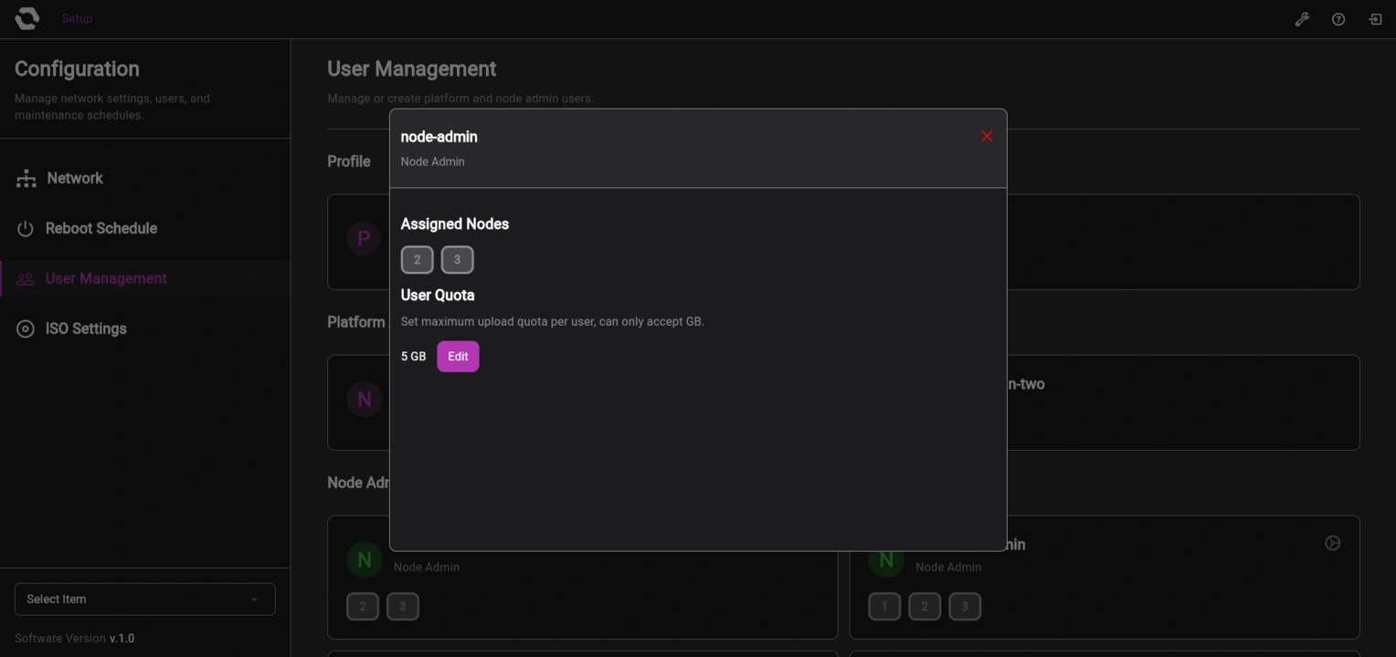 OpenSFF management interface Configuration page node admin settings