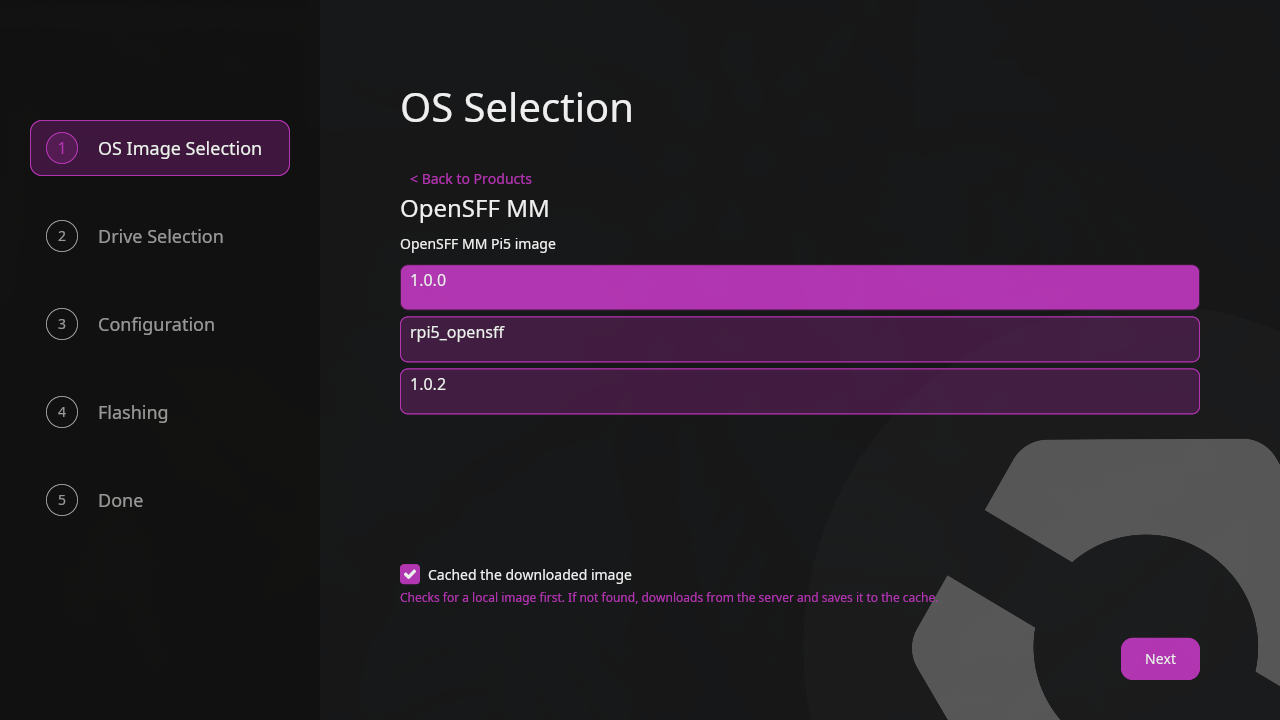 OpenSFF Media Writer image selection screen